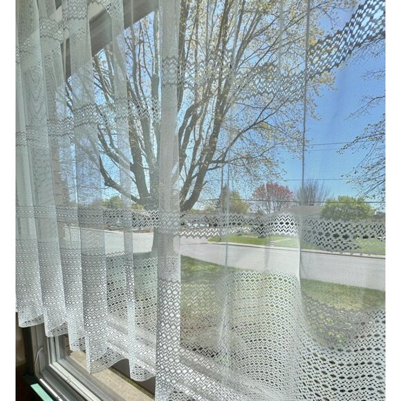 Vintage 70s curtain, creamy off-white mesh, vertical ajouré mesh, rod head panel - Picture 6 of 9